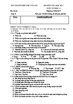 Bài kiểm tra học kì I Tin học 6 (Có đáp án) - Năm học 2016-2017 - Trường THCS Trà Nú